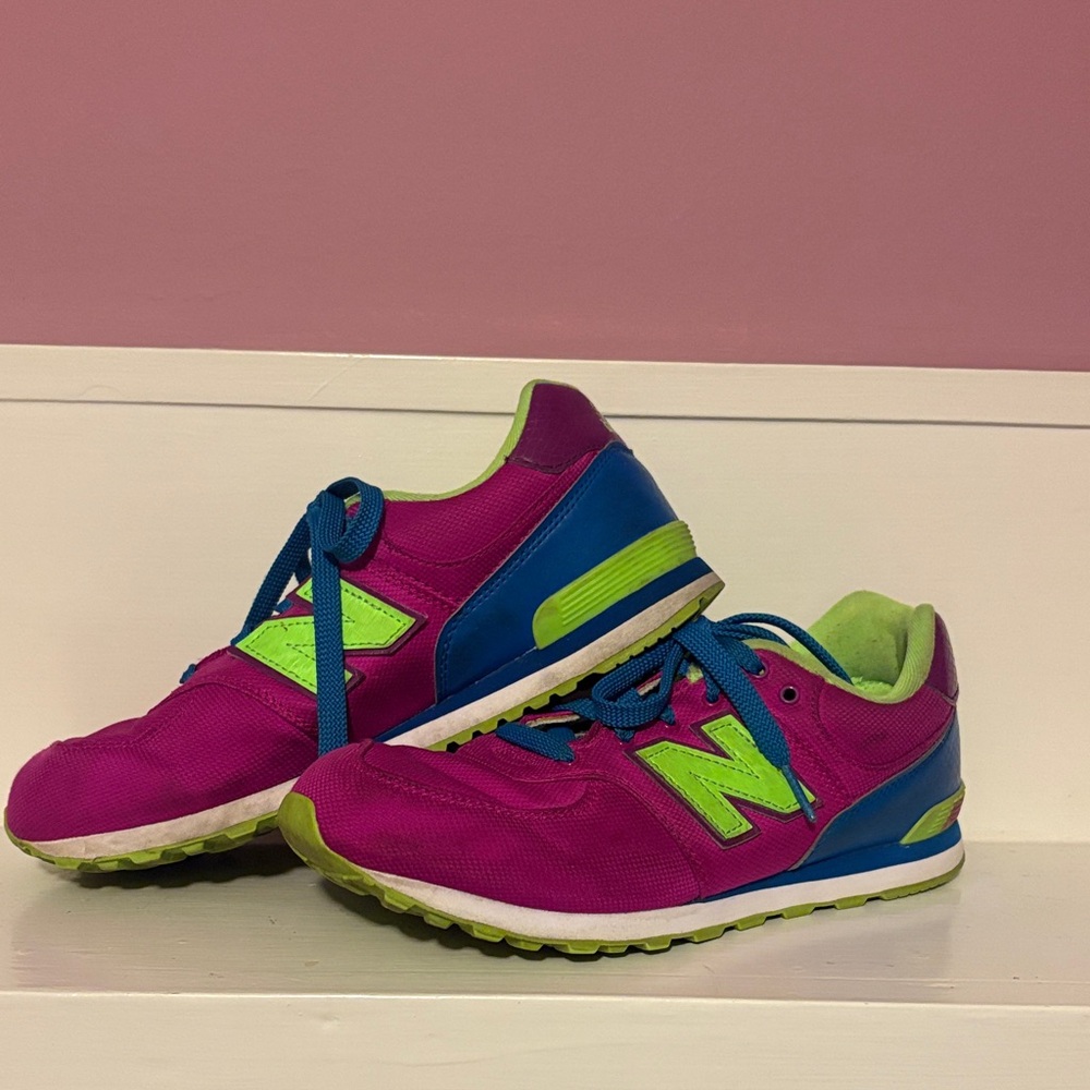 New Balance 574 Magenta, Neon Green & Blue size 8